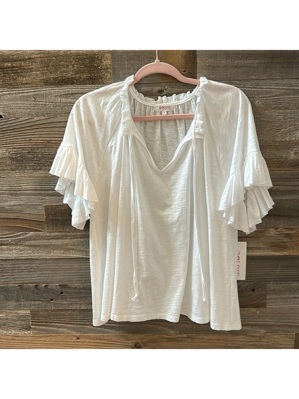 NWT Goldie Lewinter Butterfly Peasant Ruffle Sleeve White 100% Cotton Tee Small - Picture 3 of 10